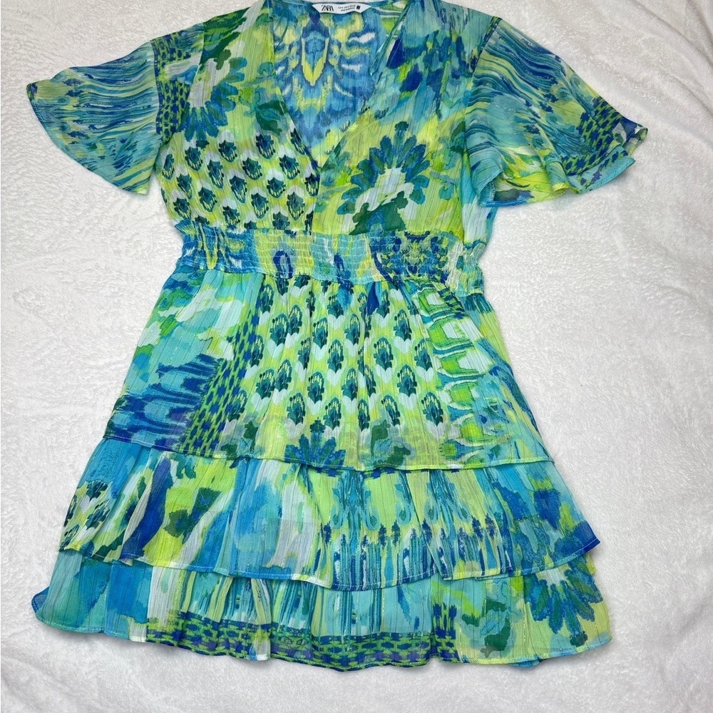 Zara Size Small Floral Blue and Green Women's Dress - Picture 3 of 8